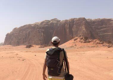 Wild red desert Wadi Rum, Arabic Jordan. Sand dunes and mountain. Perfect view