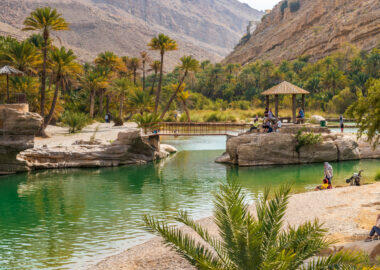 Wadi Bani Khalid, Oman - February 12, 2020: View of the Wadi Bani Khalid oasis in the desert in Sultanate of Oman.