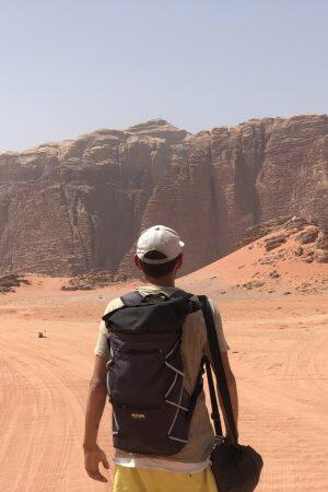 Wild red desert Wadi Rum, Arabic Jordan. Sand dunes and mountain. Perfect view